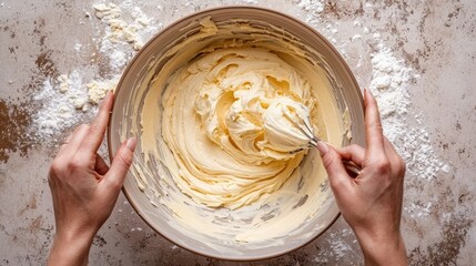 Hands mixing cake batter in a bowl. 