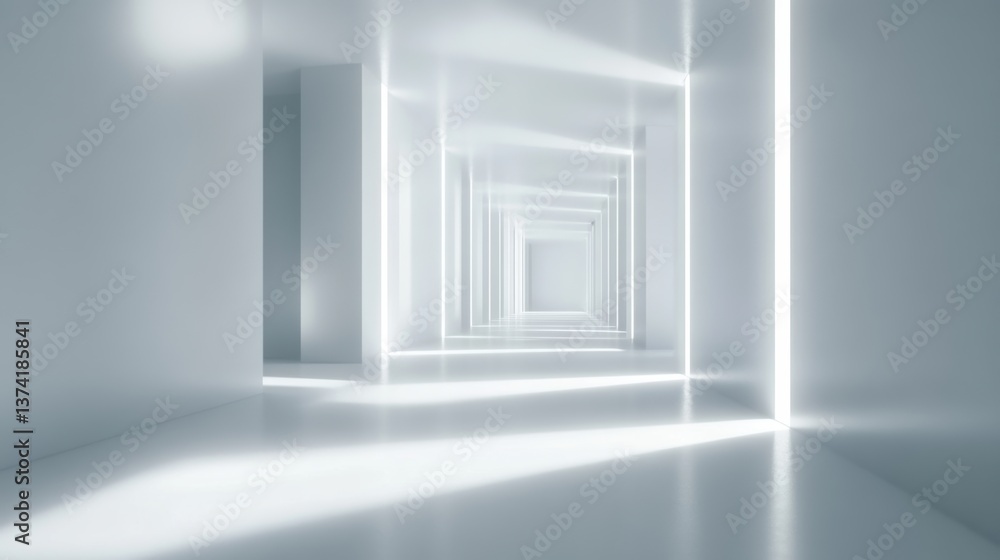 Poster a bright, minimalist corridor with smooth surfaces and soft lighting, creating a sense of depth and 