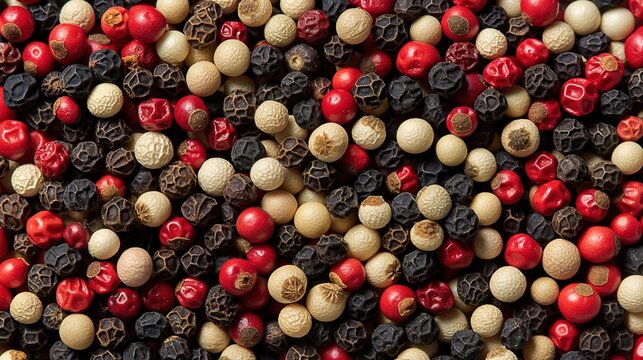 Mixed peppercorns arrangement against a dark background  