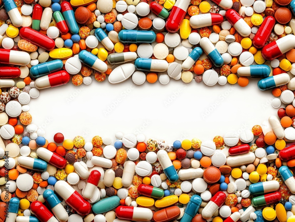 Aufkleber rainbow pills and capsules arranged into rectangular border pattern on clean white background repres
