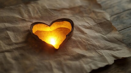 A heart cut out of a brown craft paper sheet, revealing a glowing light beneath