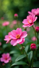 Vibrant closeup of blooming pink flowers in a lush garden,  colorful,  closeup