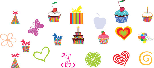 Cartoon birthday design elements, surprise decoration, sweet cupcakes,  Gifts.