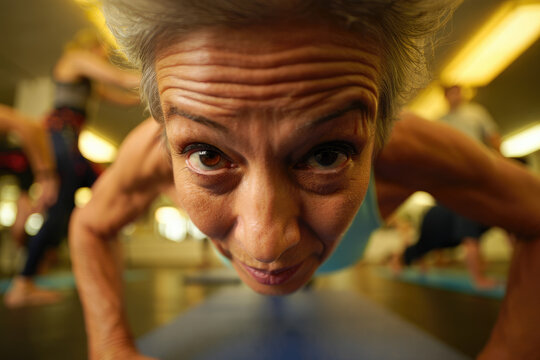 Close-up of a determined senior woman doing push-ups in a fitness class with others.