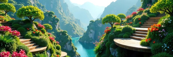 Vibrant floating gardens and lush terraced landscapes in a visionary world,  dreamworld,  utopia