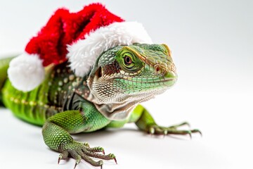 Obraz premium Lizard Wearing a Santa Hat on a White Background