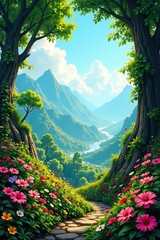 Vibrant floral patterns in lush green landscapes with colorful flowers, plants, and mesmerizing views,  colorful,  background