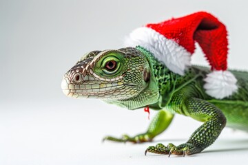 Fototapeta premium Lizard Wearing a Santa Hat on a White Background
