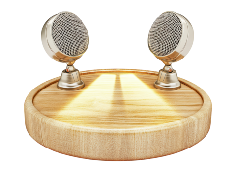 A small wooden stage with two angled spotlights illuminating a microphone stand. transparent PNG
