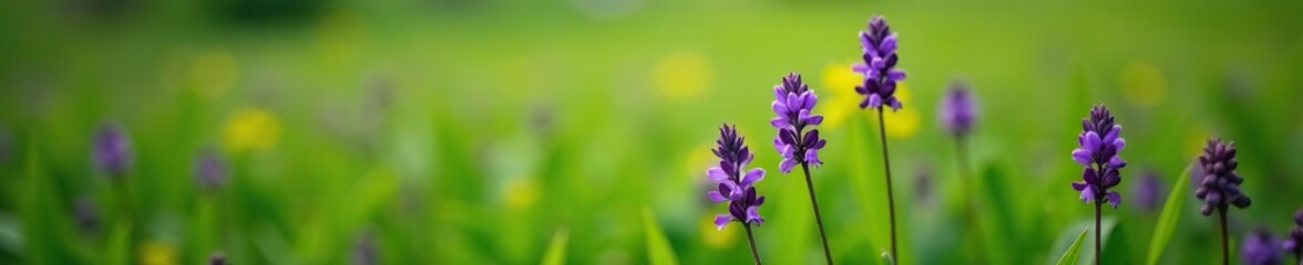 Fototapeta premium Vibrant purple flowers stand out in a lush green field, creating a striking contrast, colorful, green field