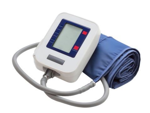 A digital sphygmomanometer with an LCD screen and adjustable cuff. transparent PNG