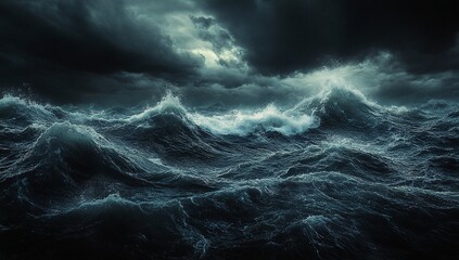 Dark and stormy seas.  Powerful waves crash under a brooding, dark sky.
