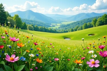Vibrant meadow filled with a variety of colorful herbs and wildflowers set against a picturesque landscape,  landscape,  meadow