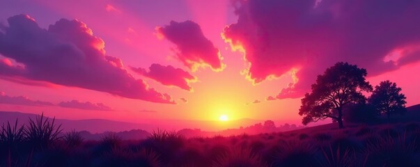 Vibrant sky filled with hues of pink, purple, and orange as the sun sets behind a silhouette of trees and grass,  orange,  vibrant