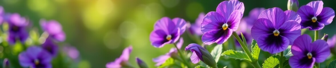 Vibrant purple garden pansies blooming in a lush green garden setting,  growth,  nature