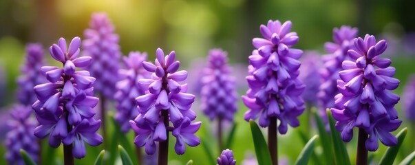 Obraz premium Vibrant purple Hyacinth (Hyacinthus orientalis) flowers blooming in a garden, flora, vibrant