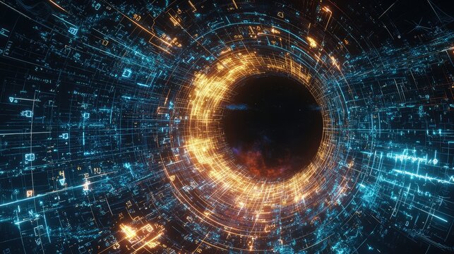 black hole surrounded by floating digital equations and numerology symbols.