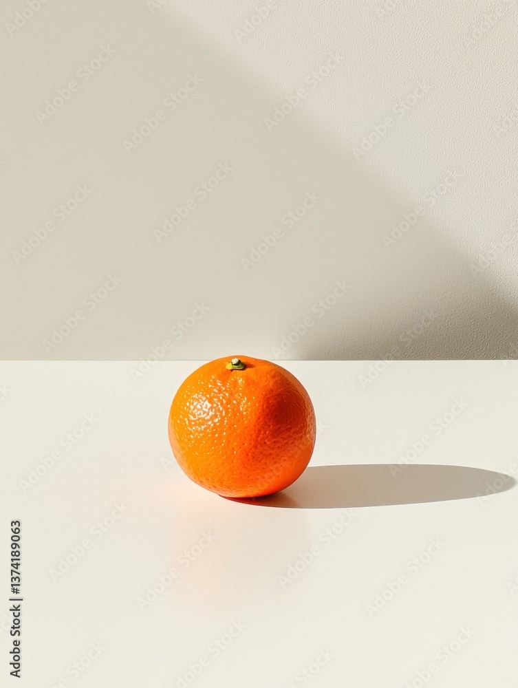 Poster photograph of an orange on a white surface. the orange is in the center of the image and is the only