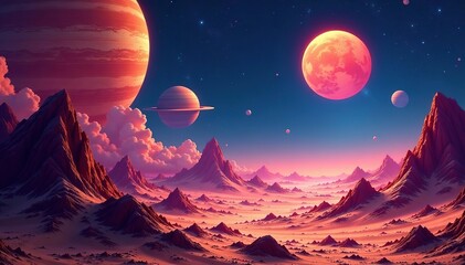 Vibrant, surreal depiction of classic planets in a cosmic landscape,  planetary,  surreal