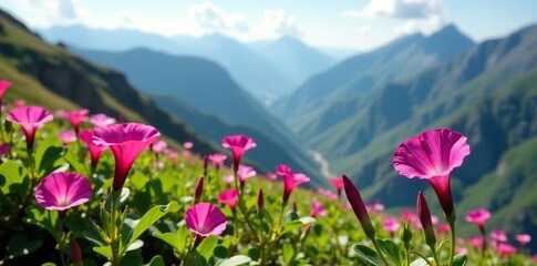 Obraz premium Vibrant morning glory flowers blooming on Diana's Peak National Park trail in Saint Helena, Saint Helena, Diana's Peak