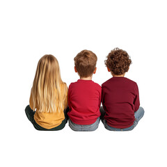 Three children sit side by side, each with distinct hairstyles, wearing colorful sweaters, facing away from the viewer.
