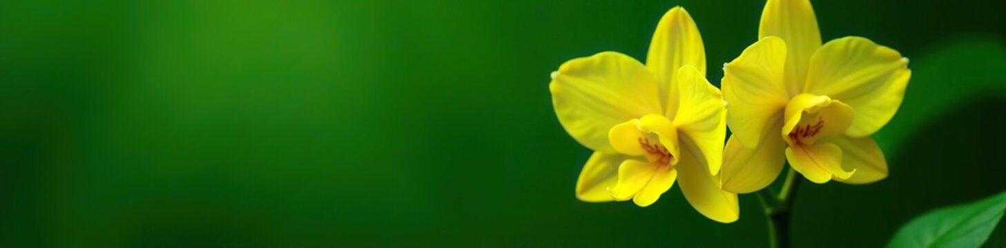 Vibrant yellow Lycaste macrophylla orchid in full bloom against green leaves background,  petals, orchid