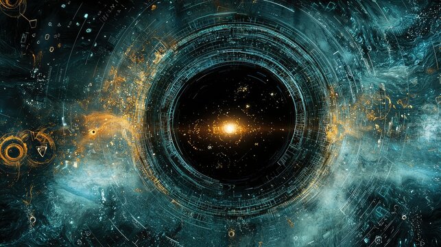 black hole surrounded by floating sacred numbers and fractals.
