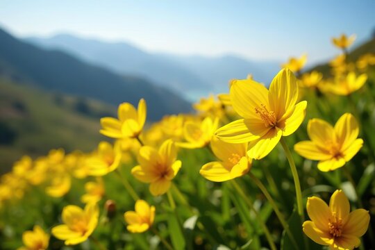 Vibrant yellow Meskel flowers blooming during Enkutatash celebration in Ethiopia,  spring, Ethiopia