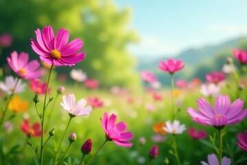 Obraz premium Vibrant multicolor Cosmos flowers blooming in a peaceful meadow during spring, tranquil, landscape