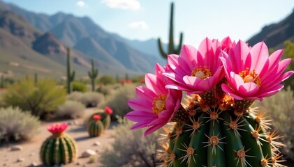 Vibrant pink cactus flowers blooming in the spring desert landscape,  desert,  plant
