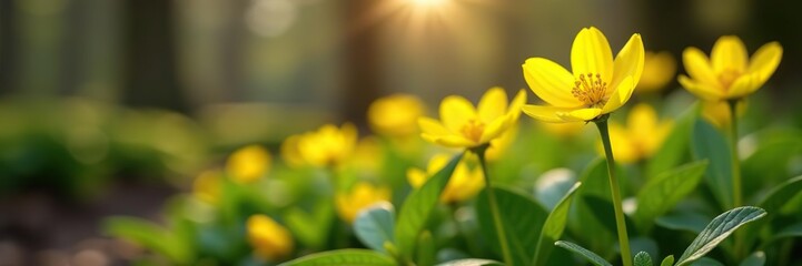 Obraz premium Vibrant yellow Winter aconite flowers blooming in spring, bringing a pop of color to the garden, close-up, garden