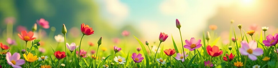 Vibrant spring meadow full of blooming flowers perfect for nature backgrounds,  blossoms,  beauty