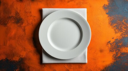 Empty white plate sitting on a linen napkin backdrop