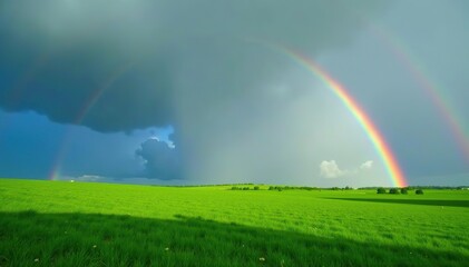 Vibrant rainbow over lush green fields after rain shower, scenic landscape,  nature,  illustration