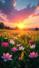 Obraz premium Vibrant spring sunrise casting colorful hues on blooming meadow, scenic, meadow