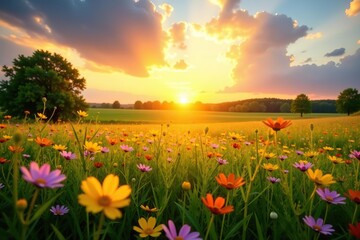 Fototapeta premium Vibrant spring sunrise illuminating a meadow filled with wildflowers, orange, beauty