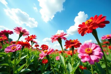 Vibrant zinnias in fisheye view under partly cloudy blue sky, zinnias,  nature
