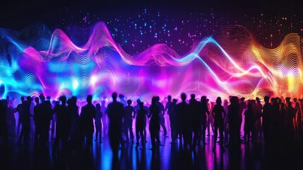 Neon soundwaves and dancing crowd. 
