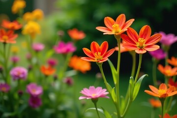 Vibrant Crocosmia flowers in full bloom surrounded by a colorful assortment of flowers and plants in a garden,  foliage,  flowers