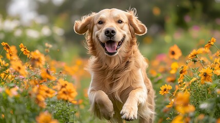 Golden Retriever running through a flower field (1)