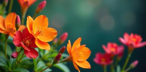 Naklejka premium Vibrant Crocosmia flowers blooming in a stunning combination with other colorful blooms, flora, combination