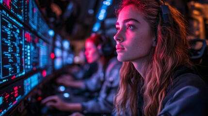 In a high tech aerospace control center, experts analyze real time data on screens while managing launch operations and monitoring propulsion systems for a spaceflight mission