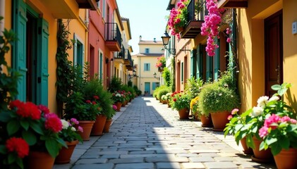 Fototapeta premium Vibrant street lined with numerous potted plants and blooming flowers, decoration, scenery