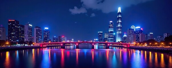 Vibrant night cityscape with modern skyscrapers and colorful LED lights reflecting in the river,  building,  skyline