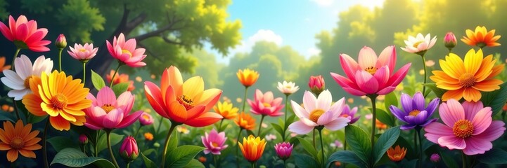 Fototapeta premium Vibrant summer blooms in full bloom, showcasing a variety of colors and shapes, flora, plant