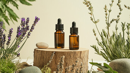 product photography mockups of various skincare essences black shampoo, cream, serum, oil,  containers set on a wooden podium in the gradient herbal background. mockup 