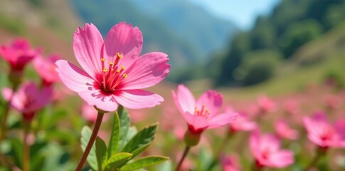 Vibrant pink flowers of common centaury in bloom on a sunny day,  European centaury,  spring