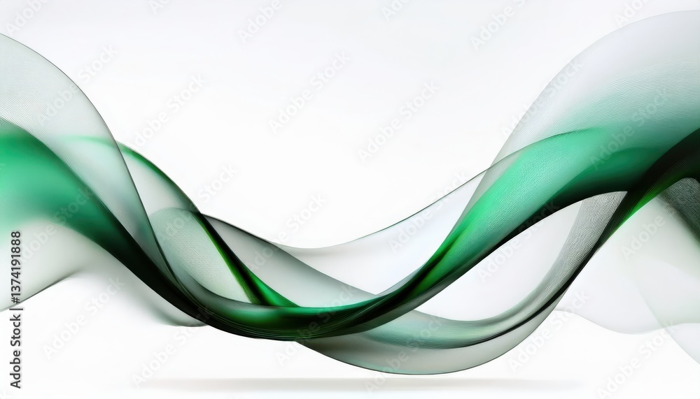 Poster abstract green flowing wave on white background, smooth curved translucent ribbon, elegant modern di