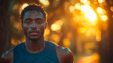 Determined male jogger running outdoors in sunset park