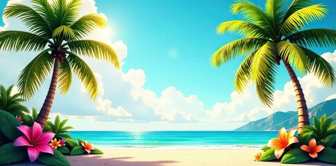 Vibrant tropical summer background with colorful palm trees frames,  palm trees,  exotic